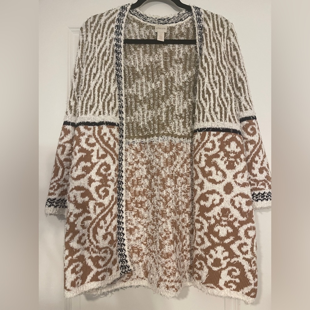 Chicos pattern mix Audrey Cardigan 3/4 sleeve neutral combo. Size 1